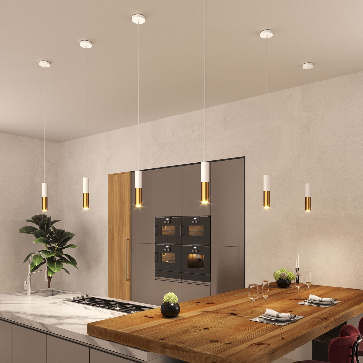 Tub-E12, spotlight double metal tube, with double E12 socket ring - Matt White and Brushed bronze