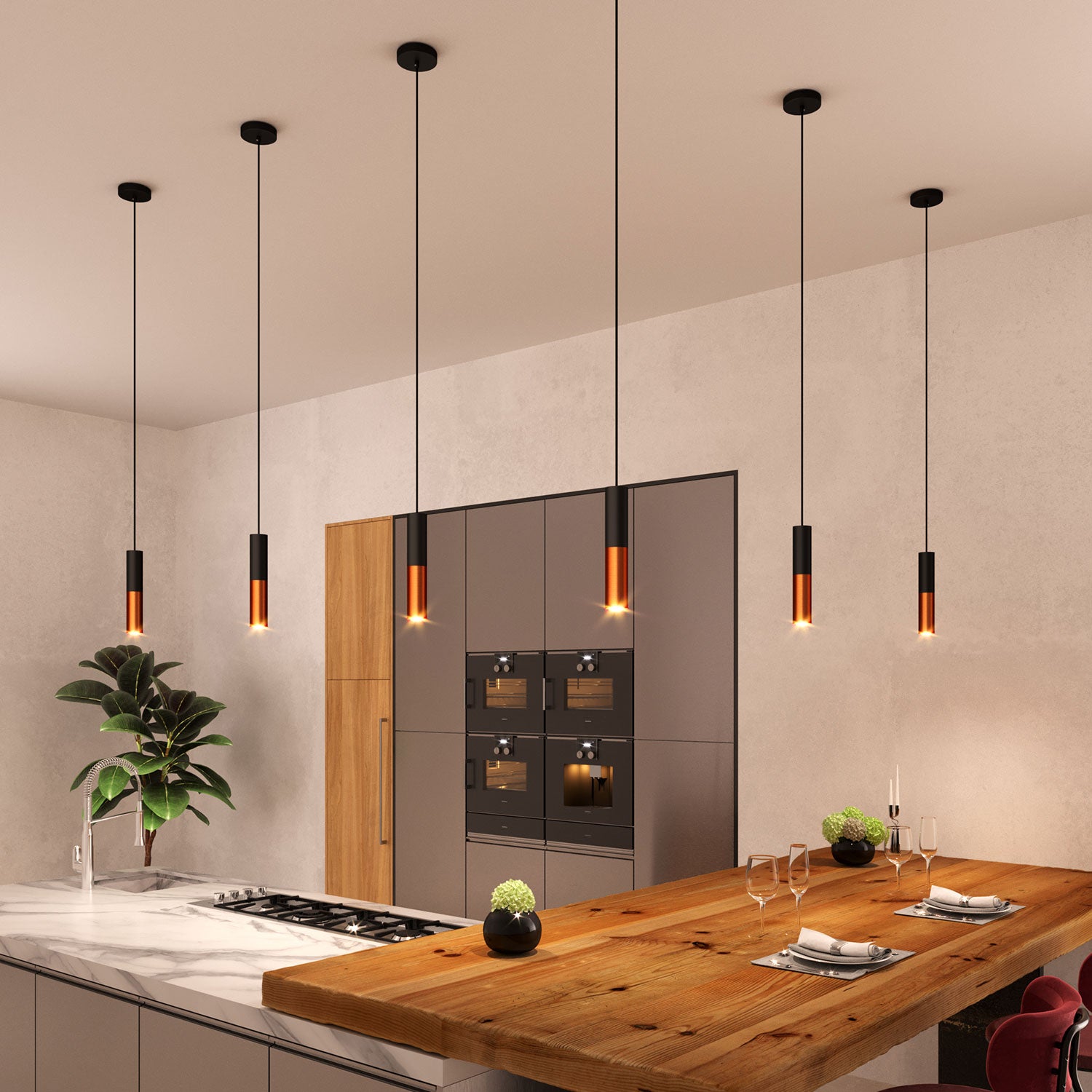 Tub-E12, spotlight double metal tube, with double E12 socket ring - Black and Brushed copper