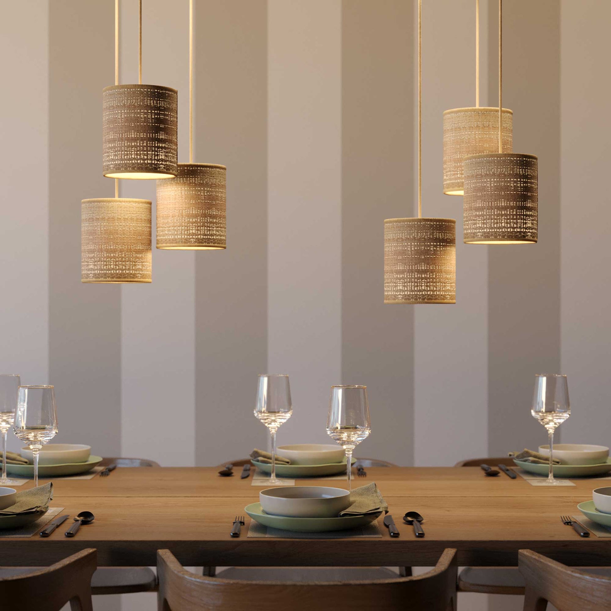 Pendant lamp with textile cable, raffia Cylinder lampshade and metal details - Natural Raffia