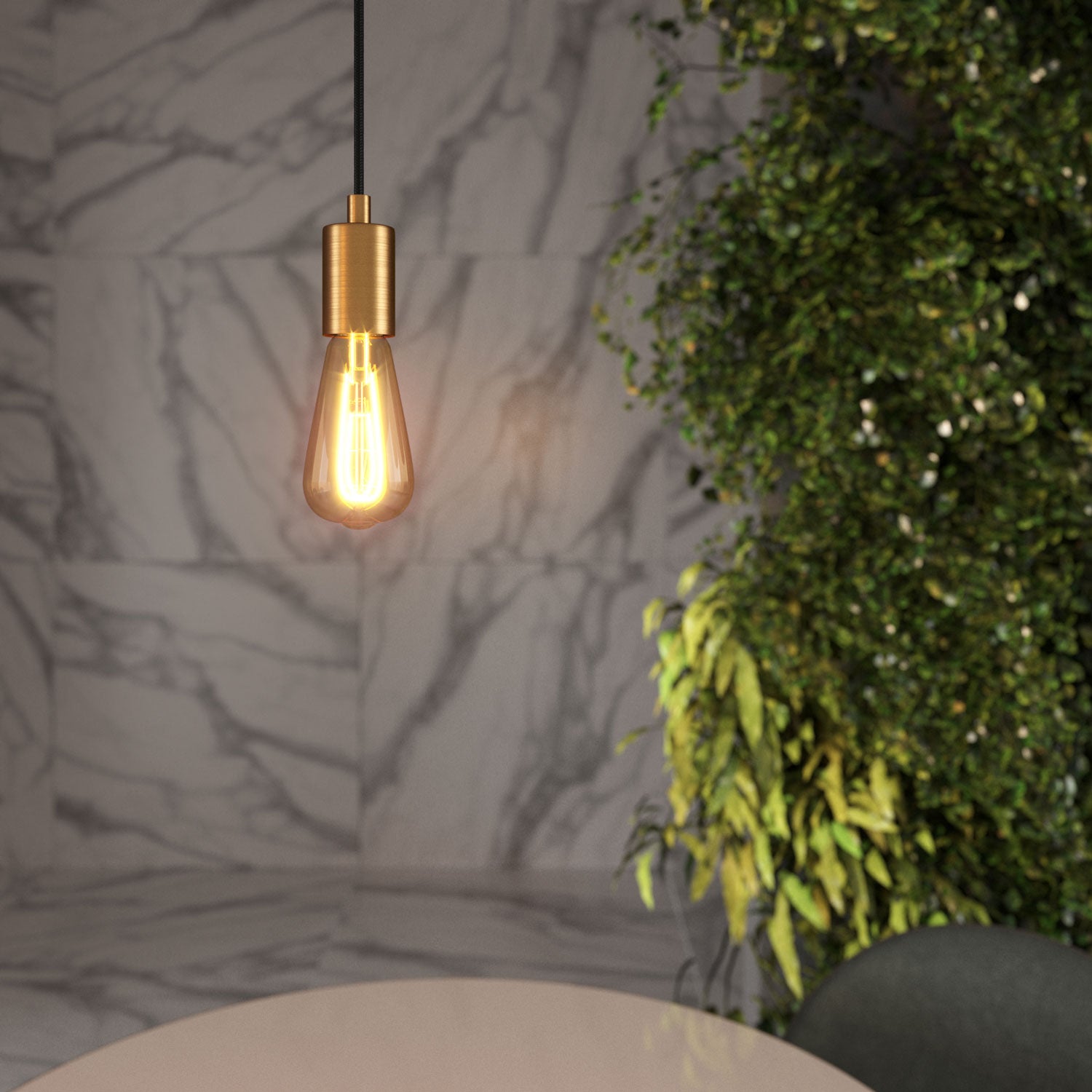 Pendant lamp with textile cable and satin metal details - Brushed bronze