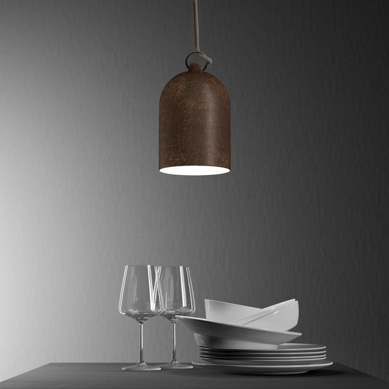 Pendant lamp with textile cable and lampshade Mini Bell XS ceramic shade - Corten effect