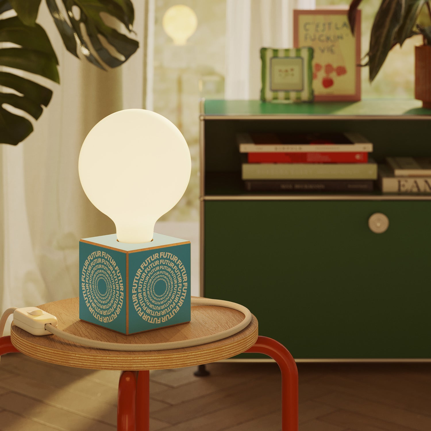 Cubetto table lamp with US plug, "Futur" porcelain effect globe bulb - Futur festival