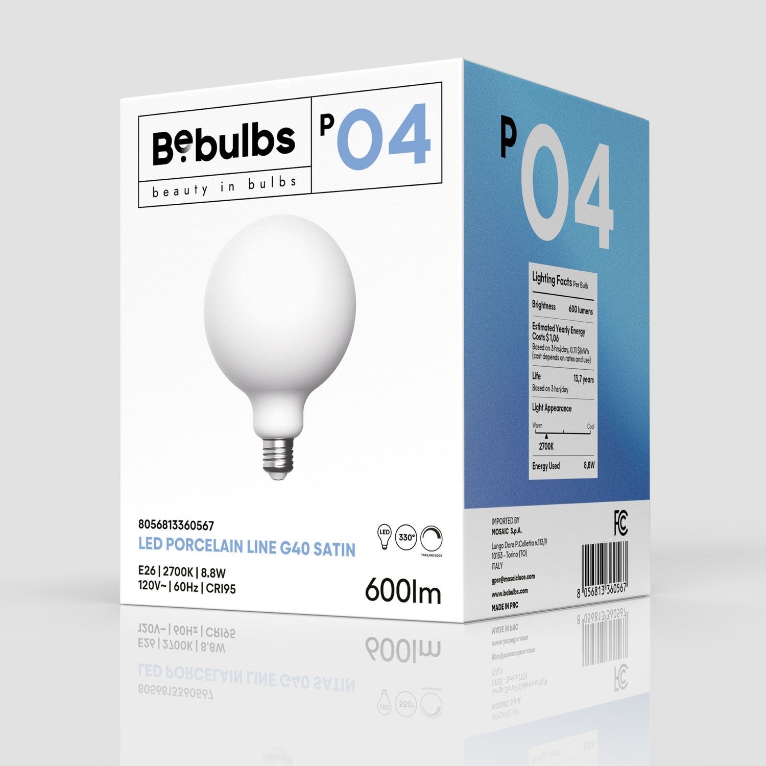 LED Porcelain Effect Light Bulb CRI 95 G40 8.8W 600Lm E26 120V 2700K Dimmable - P04