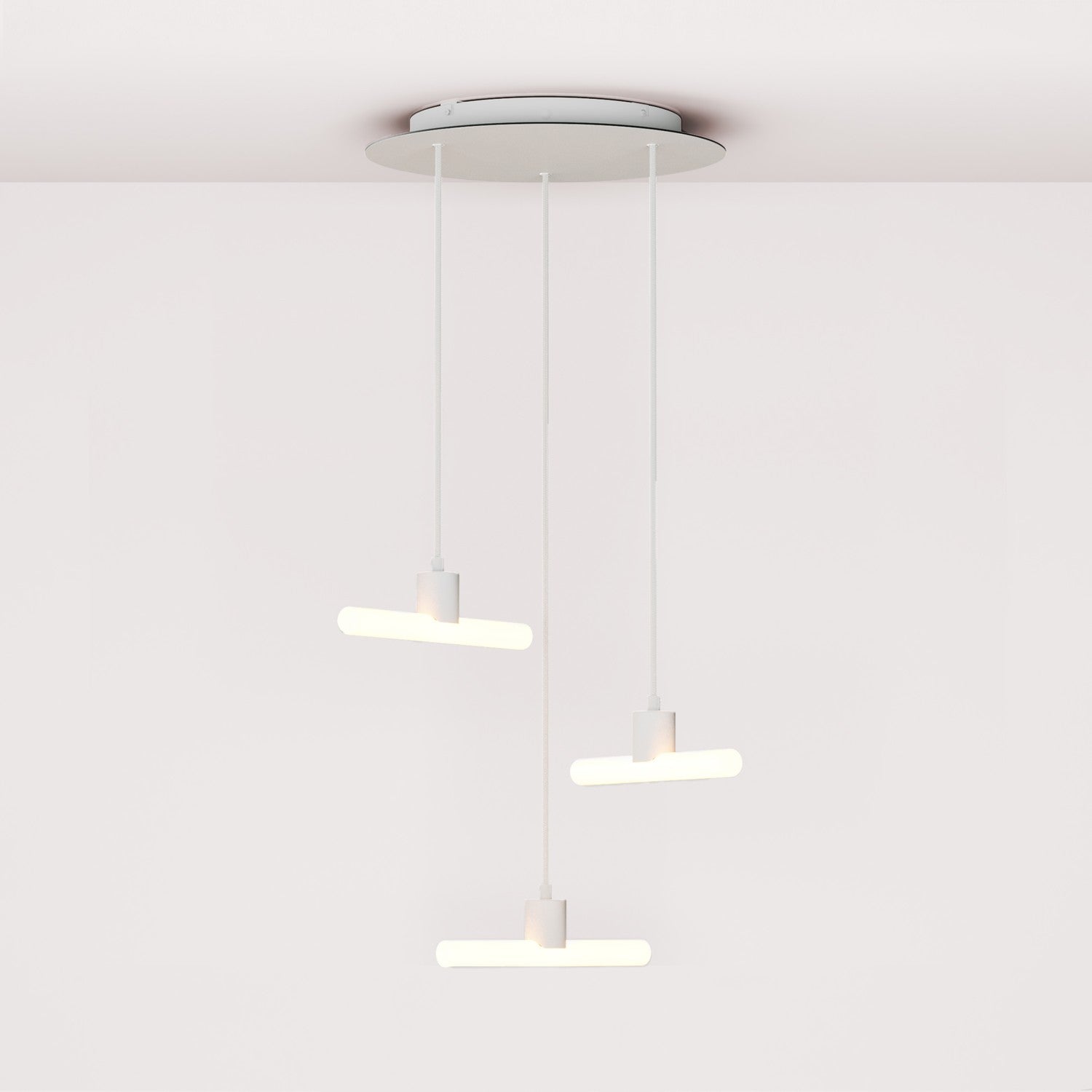 Esse14 3-Drop Asymmetrical Pendant Light with Rose-One, complete with fabric cord and metal finishes - White