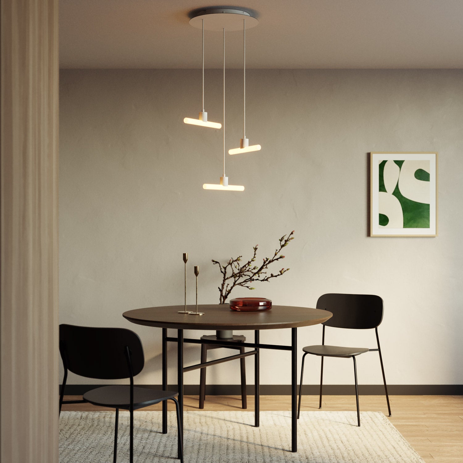 Esse14 3-Drop Asymmetrical Pendant Light with Rose-One, complete with fabric cord and metal finishes - White