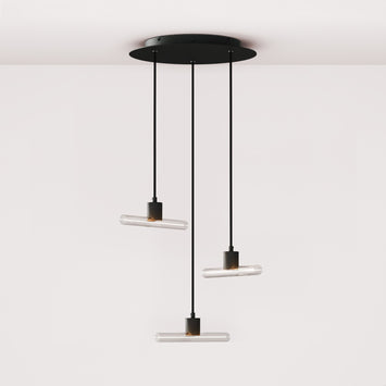 Esse14 3-Drop Asymmetrical Pendant Light with Rose-One, complete with fabric cord and metal finishes - Black