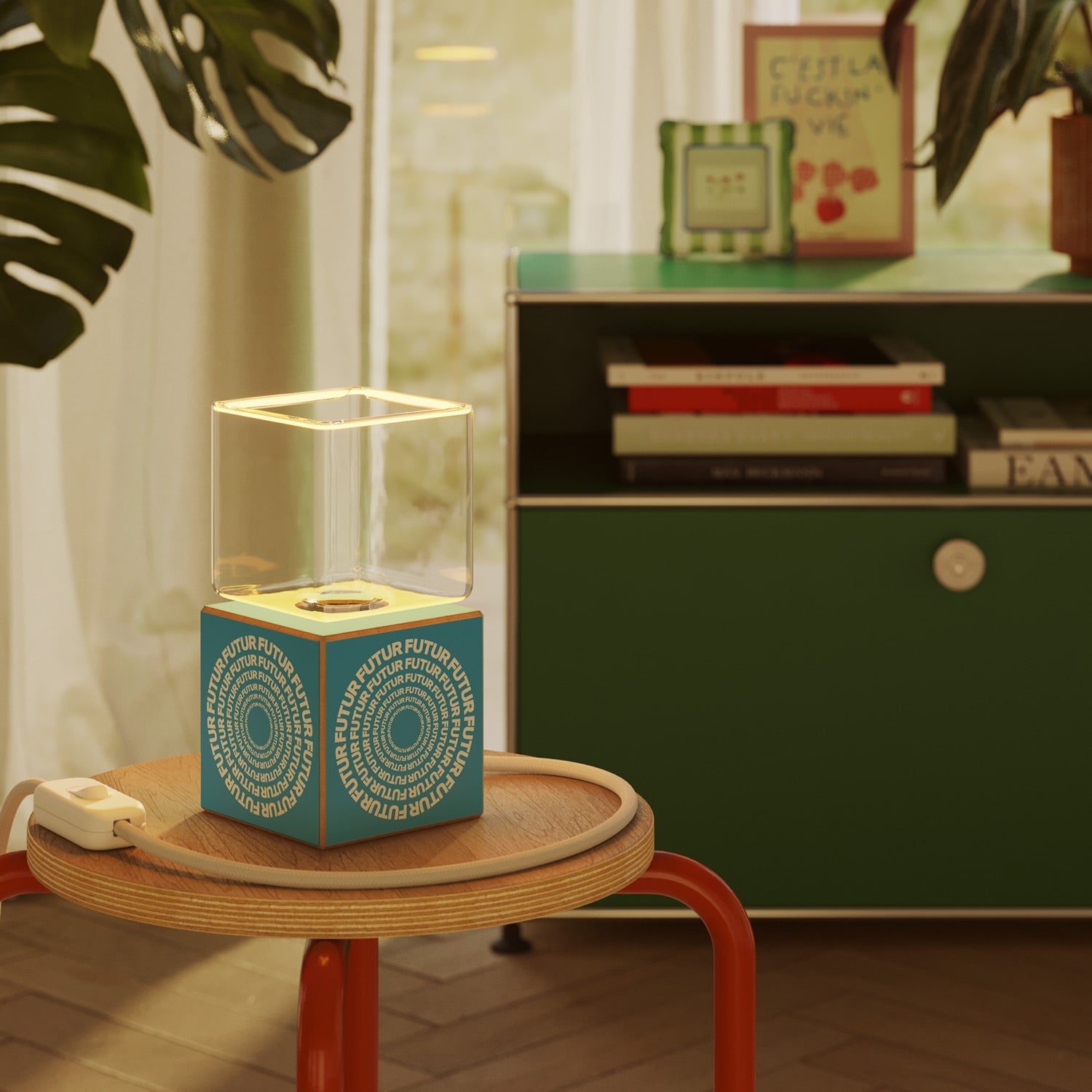 Cubetto table lamp with US plug, "Futur" Ghost bulb - Futur Festival