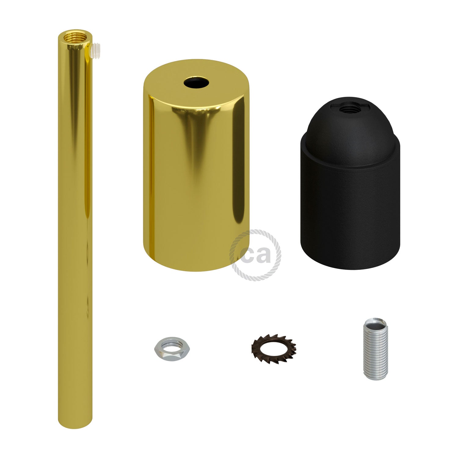 Cylindrical metal UL E26 light bulb socket kit with 15 cm cable clamp - Brass