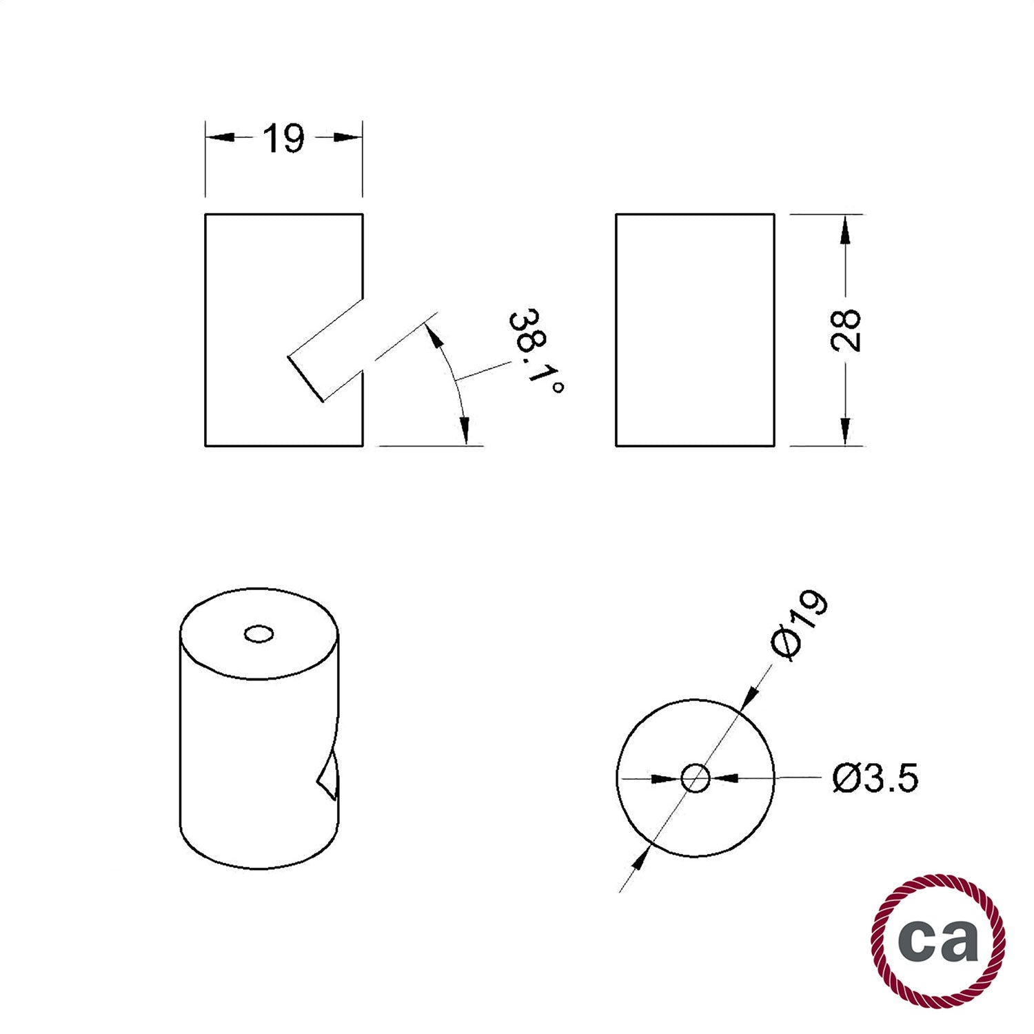 Decentratore, gancio a “V” a soffitto o parete in legno per cavo elettrico tessile - Effetto Wengé