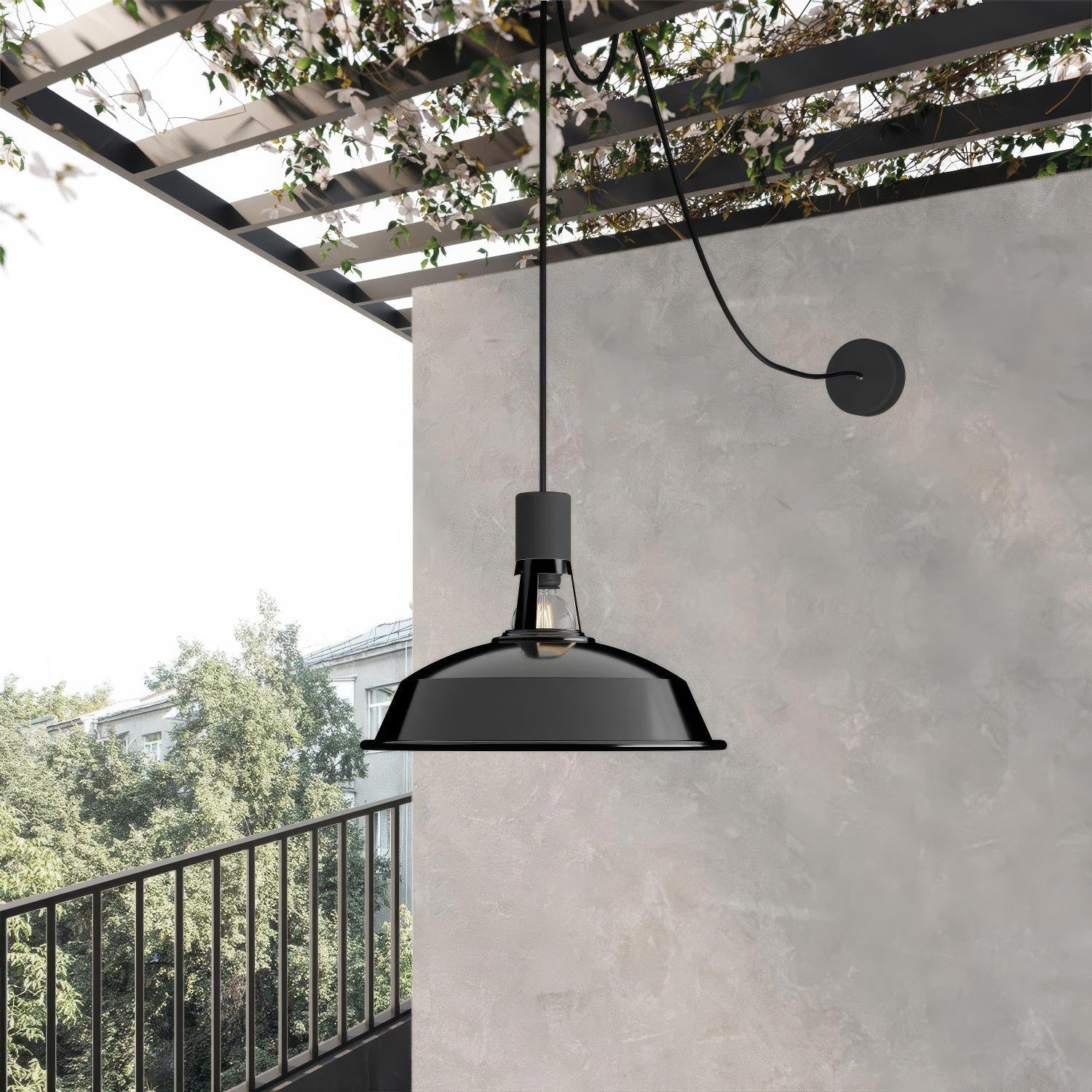 EIVA Outdoor pendant lamp with lampshade, textile cable, decentralizer, canopy and socket for wet locations - Black