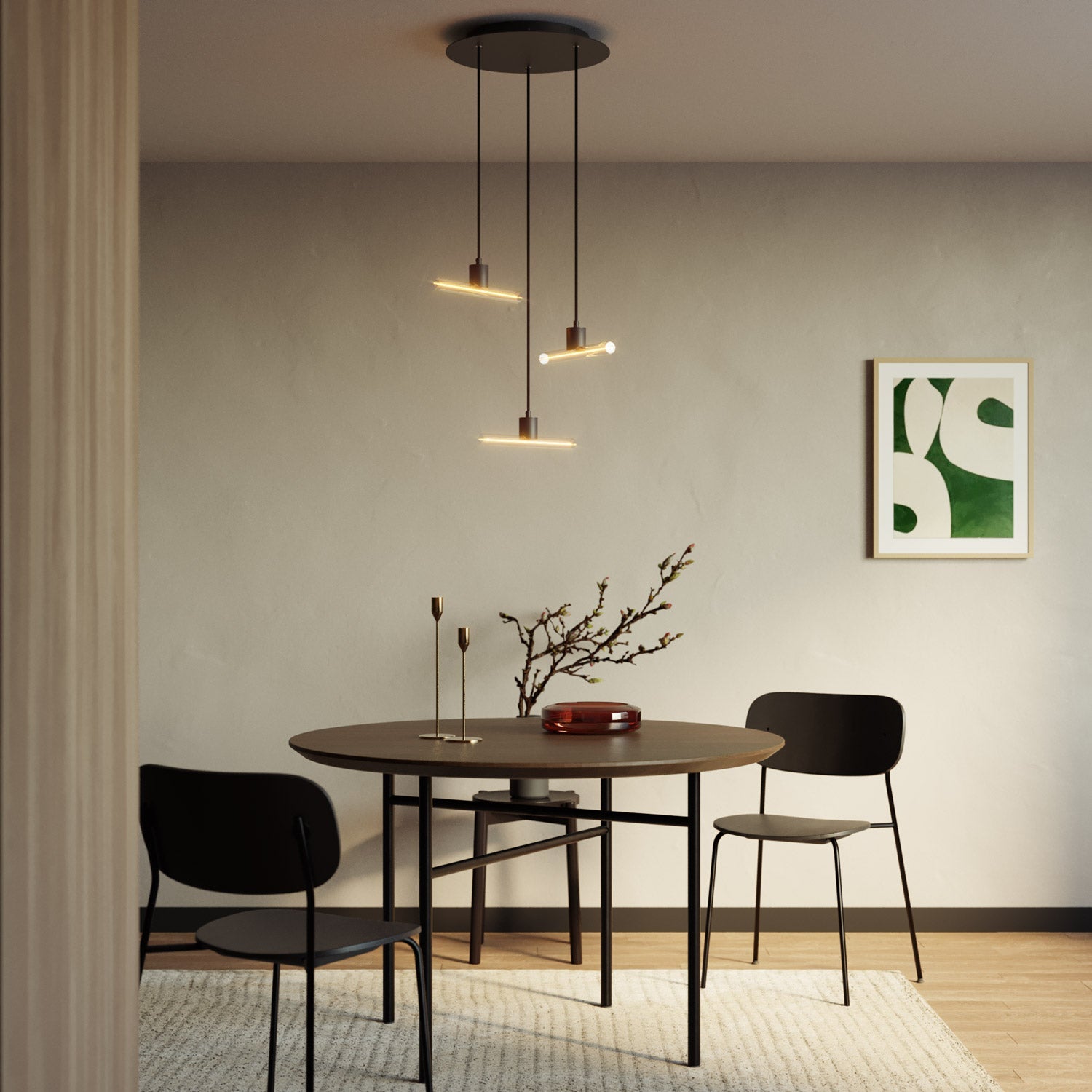 Esse14 3-Drop Asymmetrical Pendant Light with Rose-One, complete with fabric cord and metal finishes - Black