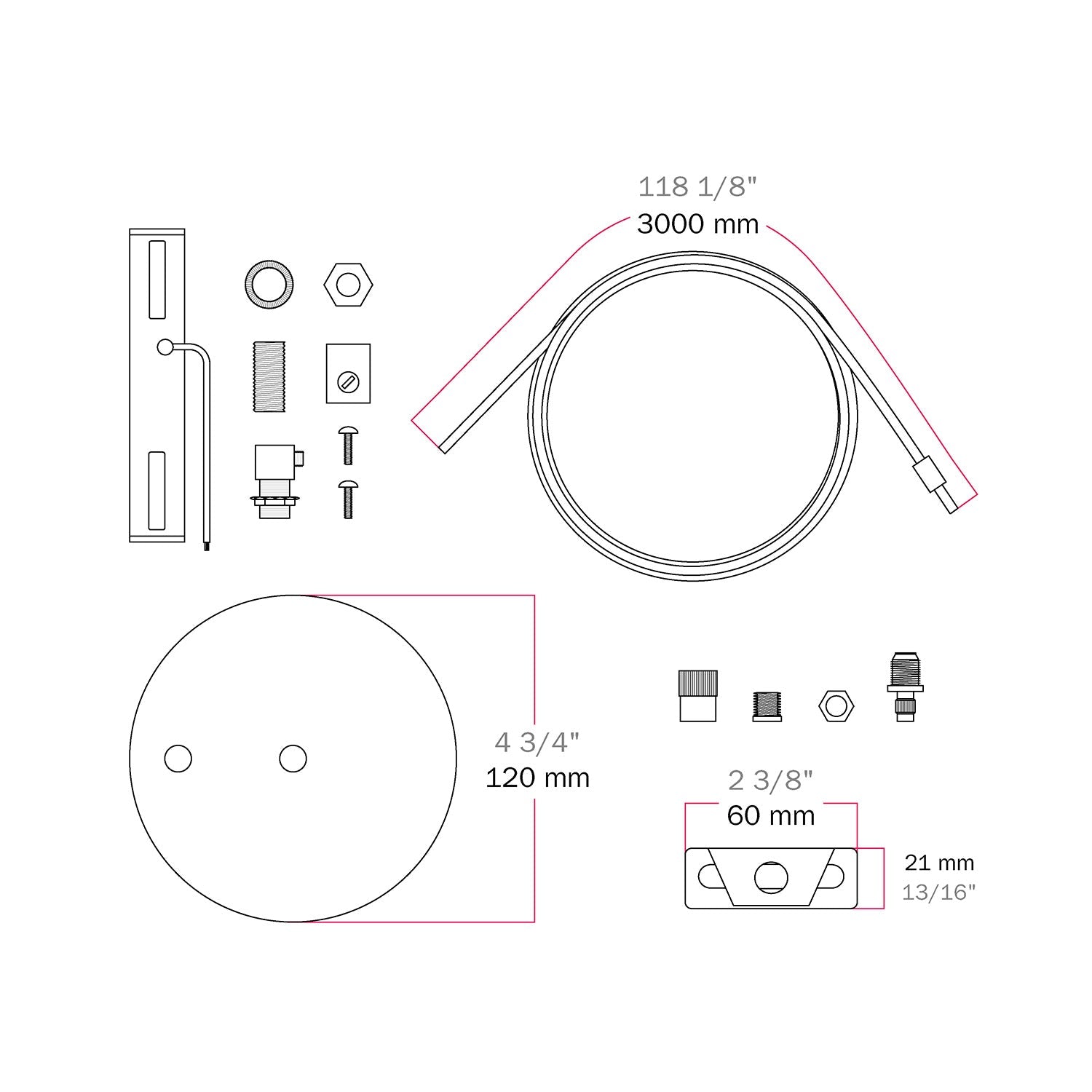 Kit Rosone Ø 120 mm con sospensione in acciaio e bilanciatore millimetrico - Bianco Opaco