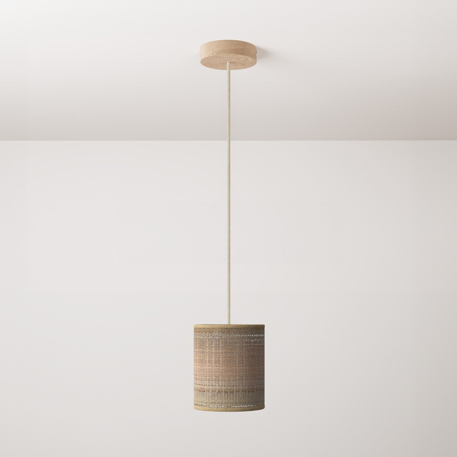Pendant lamp with textile cable, raffia Cylinder lampshade and metal details - Natural Raffia
