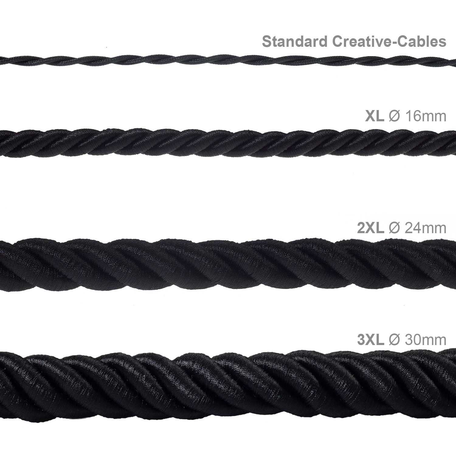 Rope electrical wire 18/3 AWG wire inside. Shiny Black Fabric