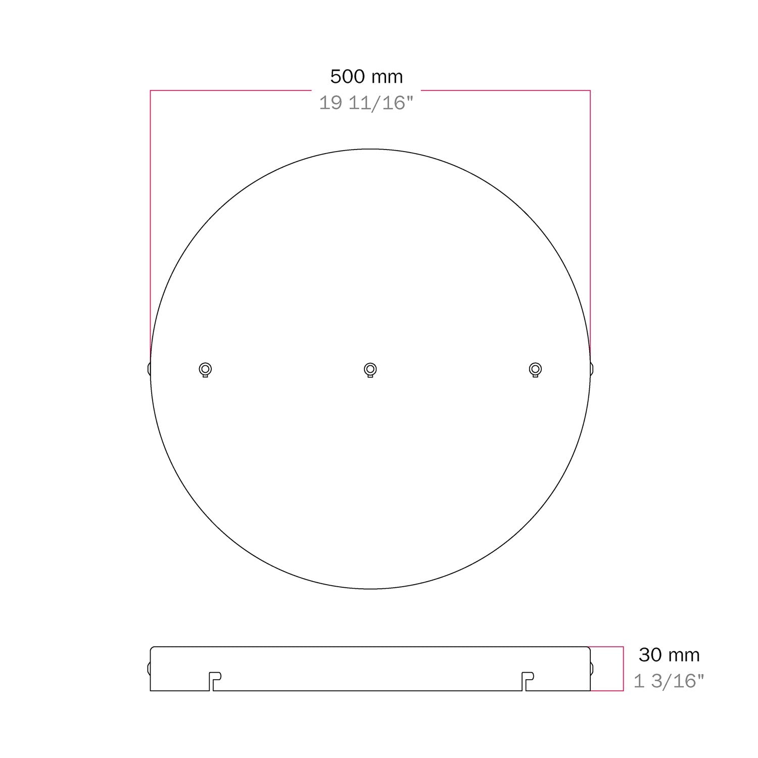 Rosone rotondo in alluminio Ø 50 cm con staffa e cavo di messa a terra, con 3 fori in linea frontali - Bianco Opaco 2