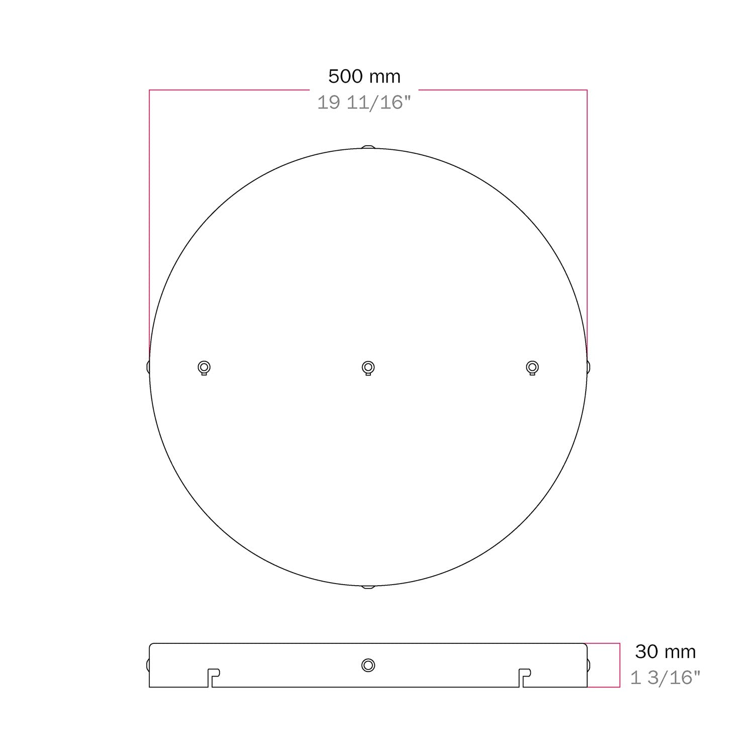 Rosone rotondo in alluminio Ø 50 cm con staffa e cavo di messa a terra, con 3 fori in linea frontali - Bianco Opaco 4